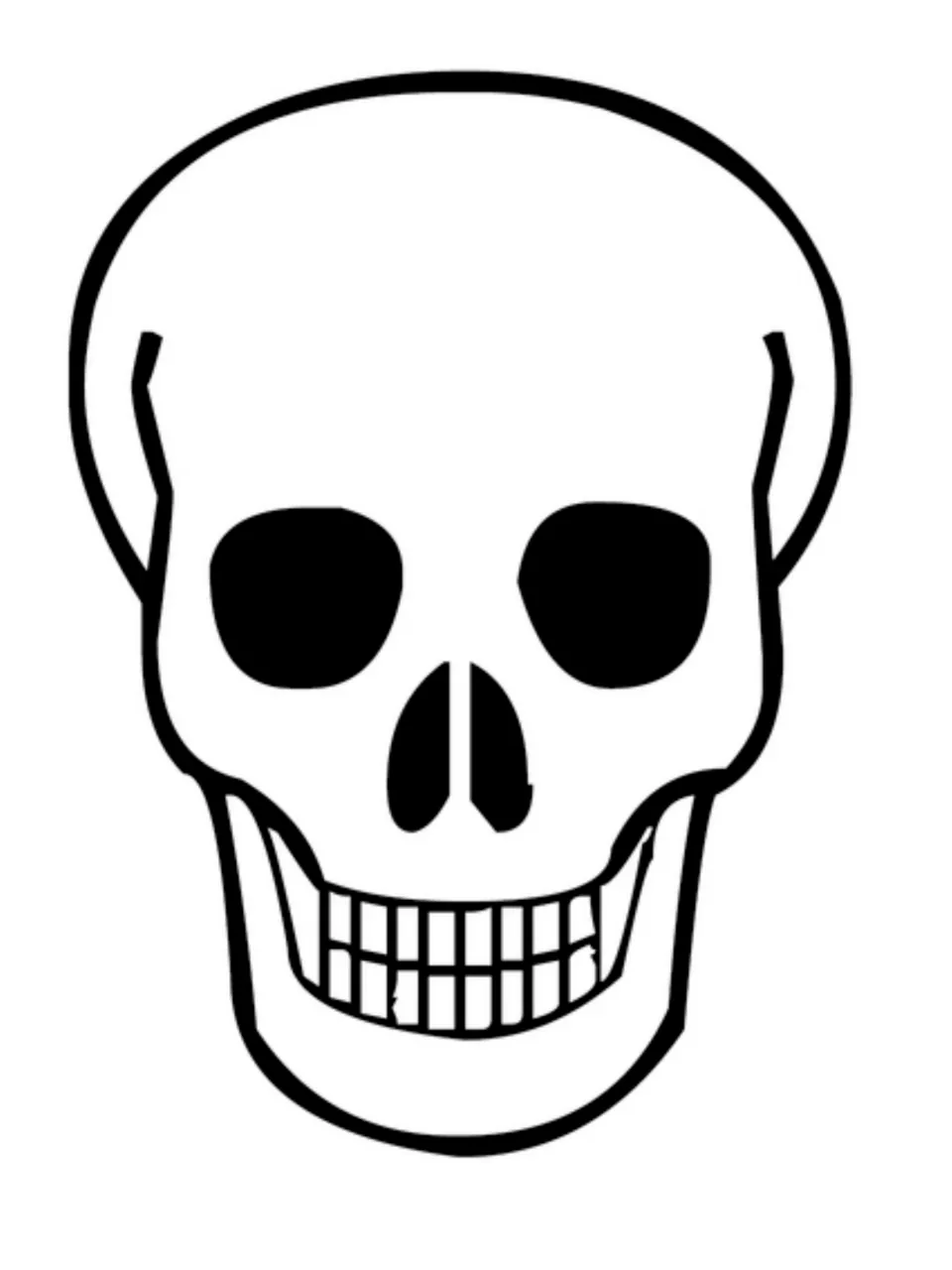 Skull template with solid black eye sockets and nose, bold outline and square teeth, for students to color and decorate