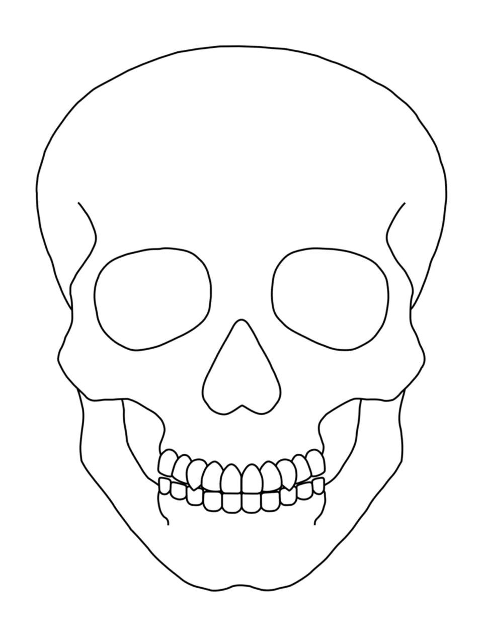 Thin-line skull outline with open eye sockets, heart-shaped nose and detailed teeth for students to decorate