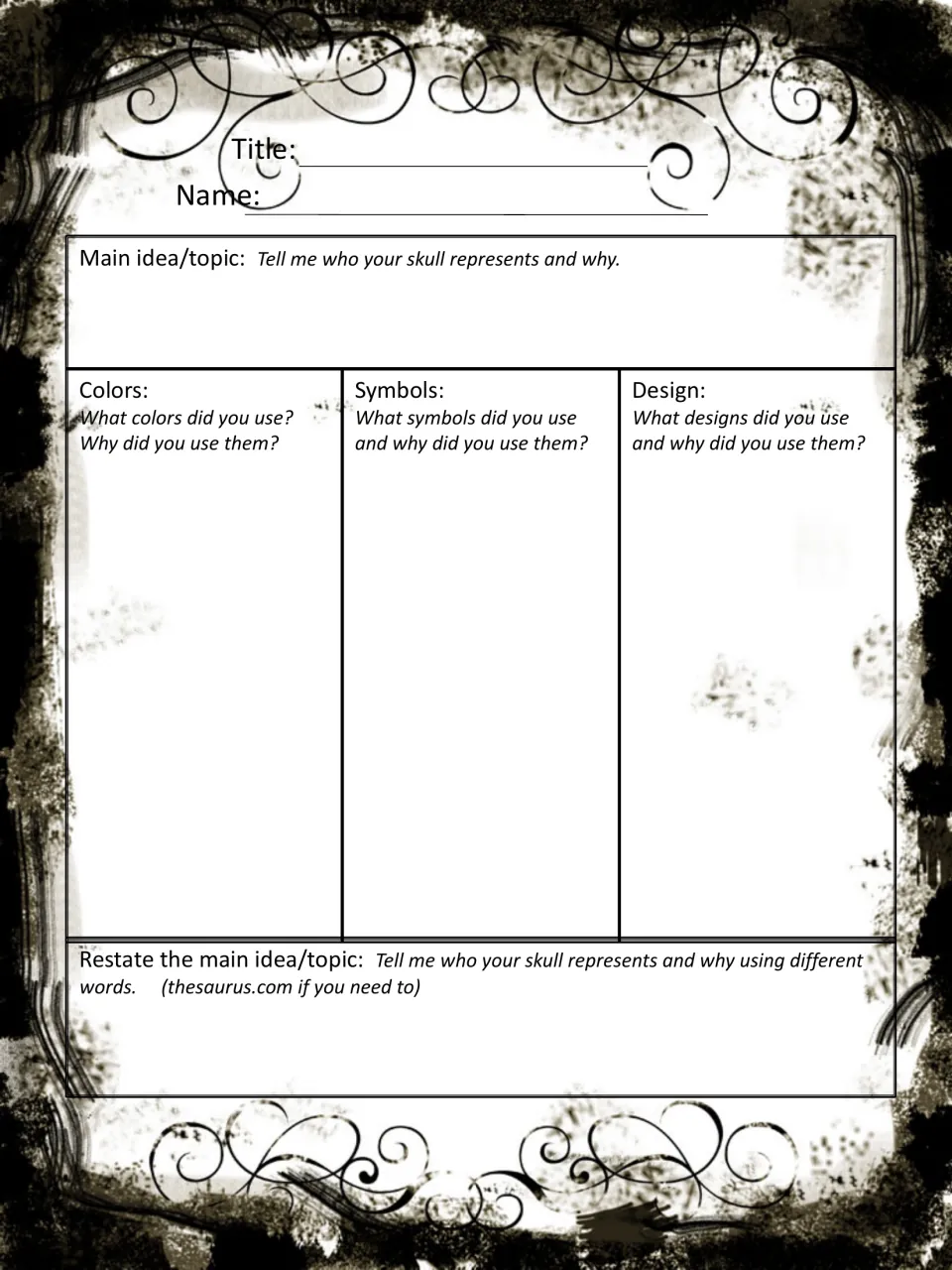 Prewriting organizer: students state who their skull represents, explain colors, symbols, designs, then restate the topic