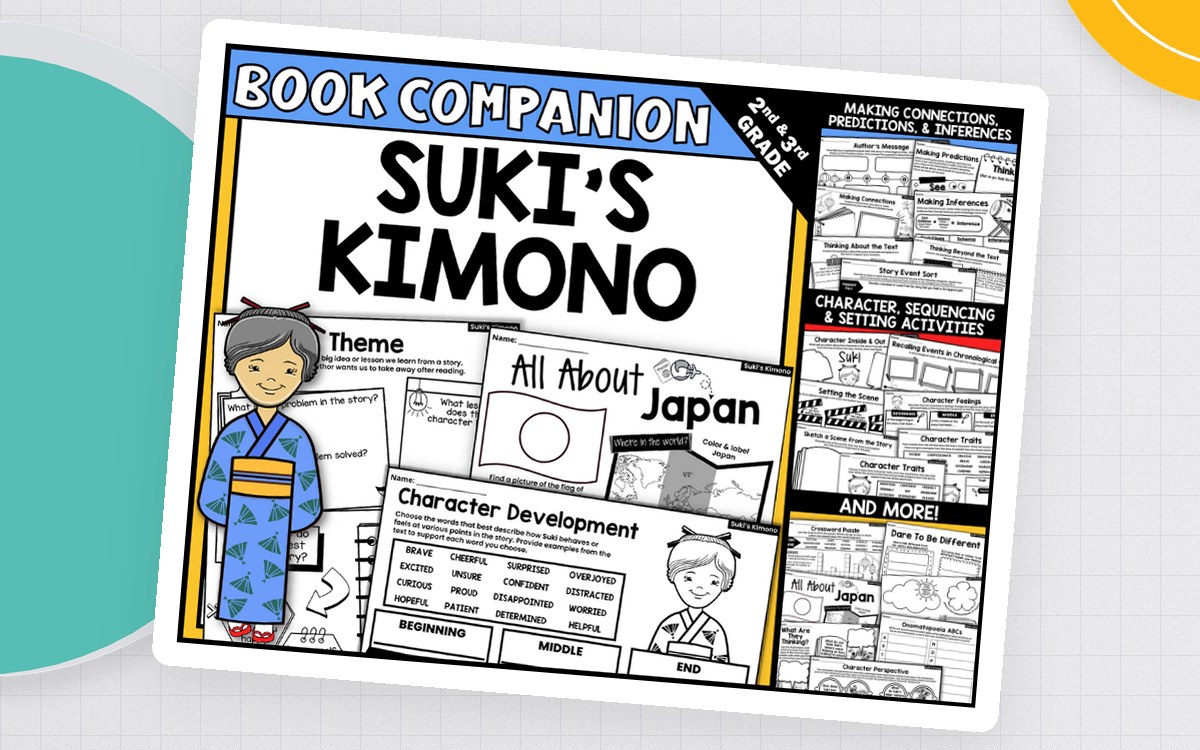Suki’s Kimono book-companion cover showing a child in a kimono and worksheet previews for theme, Japan and character development.