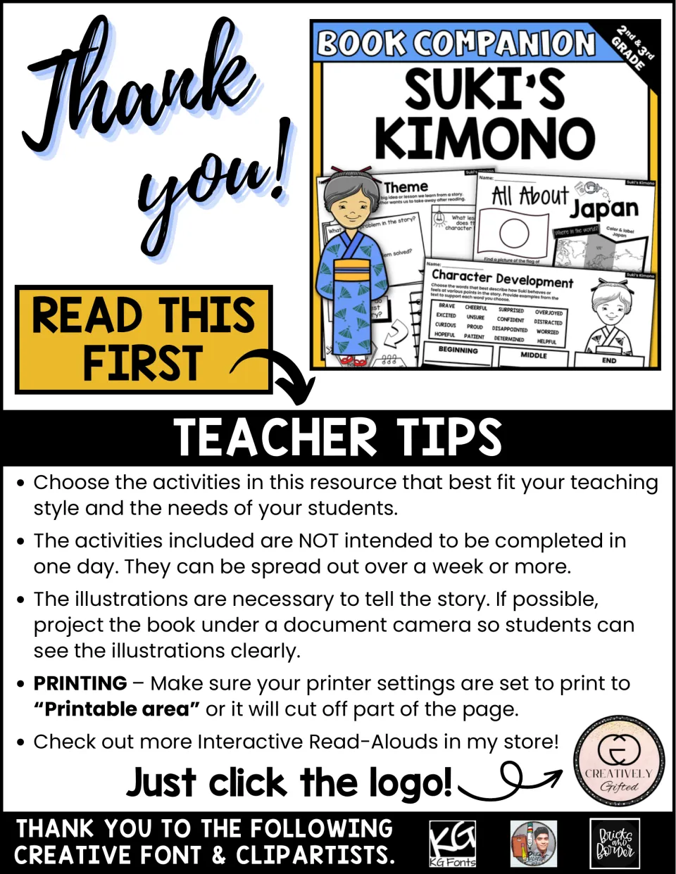 Teacher tips: spread activities over a week, project the book's illustrations, and set printing to printable area