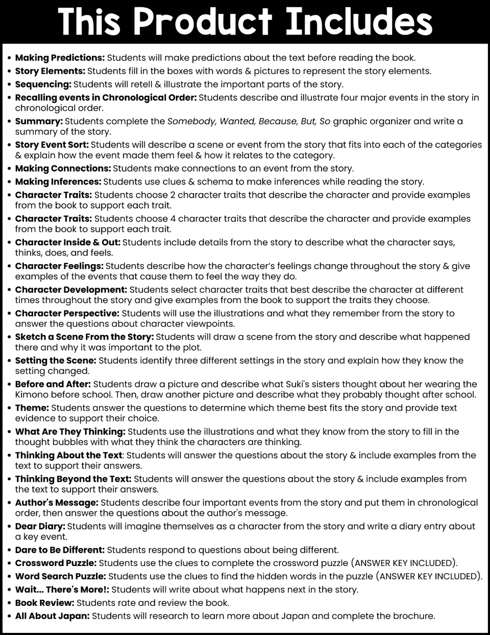 Contents list of 29 activities, from making predictions and story elements to a crossword, book review and Japan brochure