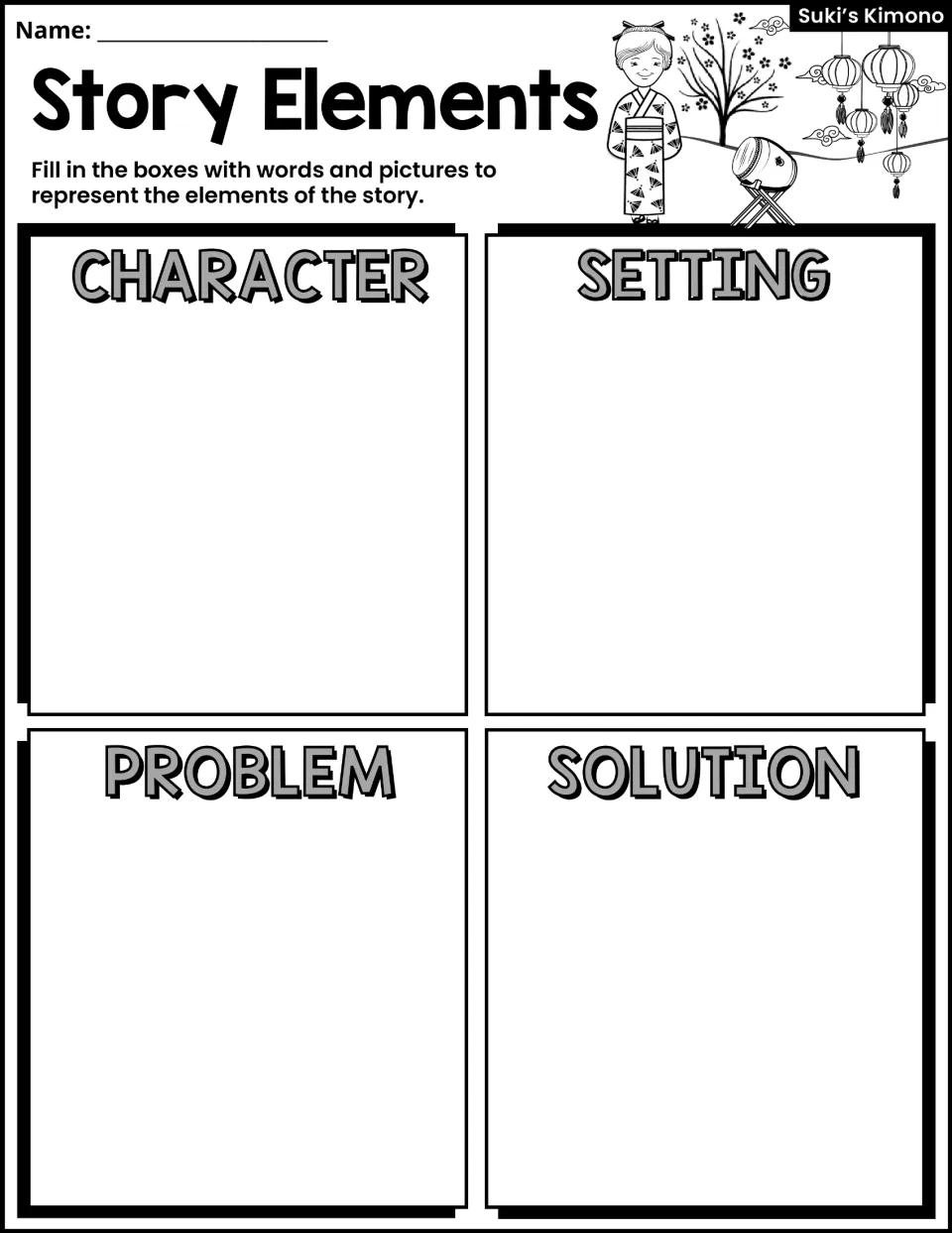 Story elements organizer: students use words and pictures to record the character, setting, problem and solution