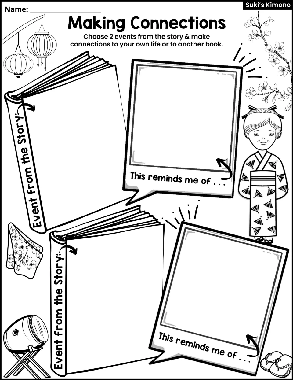 Making connections: students pick 2 story events and explain what each reminds them of in their life or another book