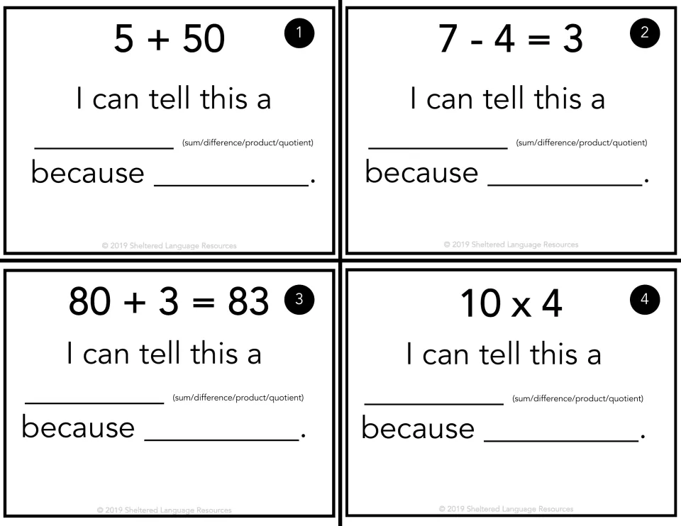 Operation vocabulary cards 1-4: students name 5 + 50, 7 - 4 = 3, 80 + 3 = 83 and 10 x 4 as a sum, difference or product