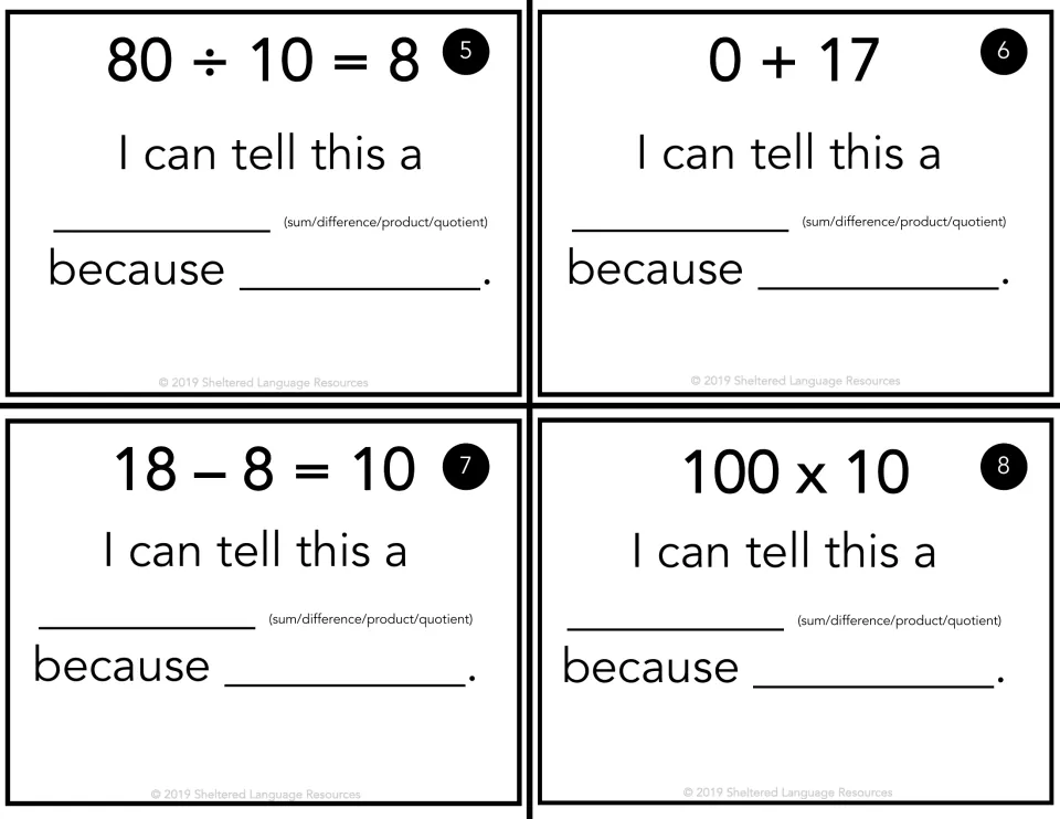 Task cards 5-8: decide whether 80 ÷ 10 = 8, 0 + 17, 18 – 8 = 10 and 100 x 10 show a sum, difference, product or quotient