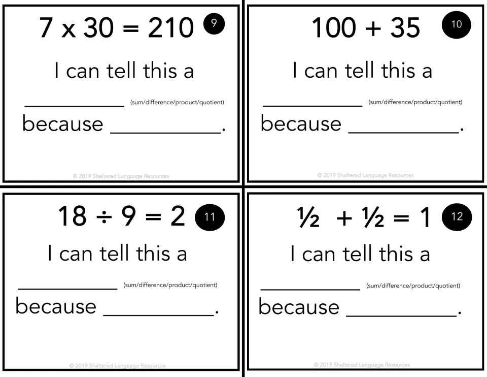 Cards 9-12 on operation words: classify 7 x 30 = 210, 100 + 35, 18 ÷ 9 = 2 and ½ + ½ = 1, then finish the because frame