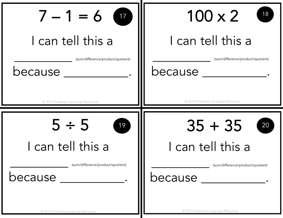 Naming operations, cards 17-20: students label 7 – 1 = 6, 100 x 2, 5 ÷ 5 and 35 + 35 and say how they know out loud