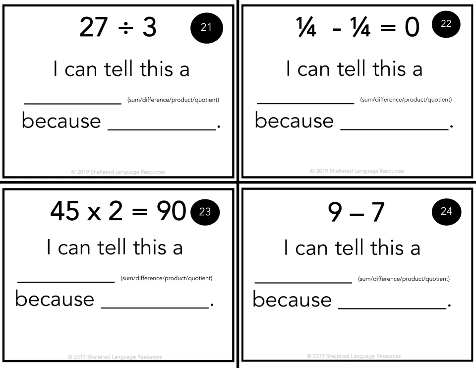 Cards 21-24 practise operation terms: 27 ÷ 3, ¼ - ¼ = 0, 45 x 2 = 90 and 9 – 7, each to be named with a because reason