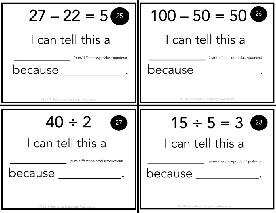 Cards 25-28 pair subtraction and division: students name 27 – 22 = 5, 100 – 50 = 50, 40 ÷ 2 and 15 ÷ 5 = 3 by operation