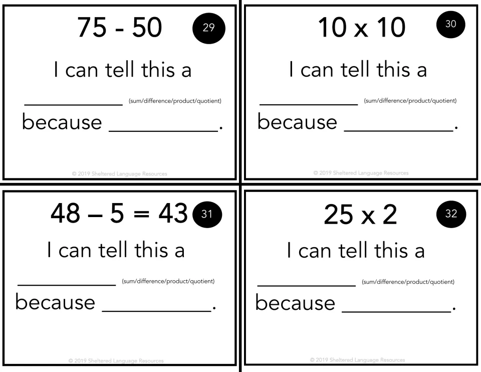 Cards 29-32 on operation names: tell whether 75 - 50, 10 x 10, 48 – 5 = 43 and 25 x 2 show a difference or a product