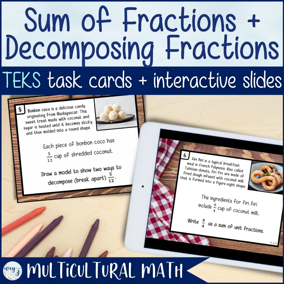 Cover for Sum of Fractions + Decomposing Fractions, showing recipe task cards and interactive slides