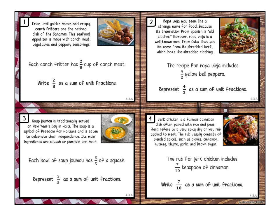 Color recipe task cards 1–4 ask students to write 2/8, 4/2, 3/5, and 7/10 as sums of unit fractions