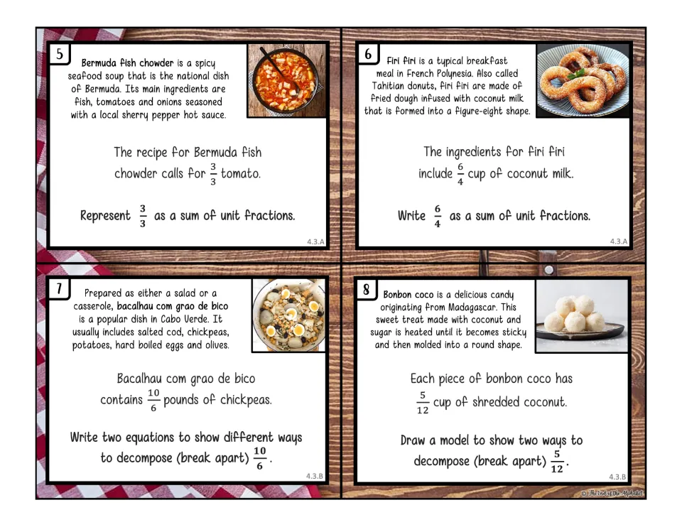 Color recipe cards 5–8 cover unit fraction sums for 3/3 and 6/4, plus decomposition of 10/6 and 5/12
