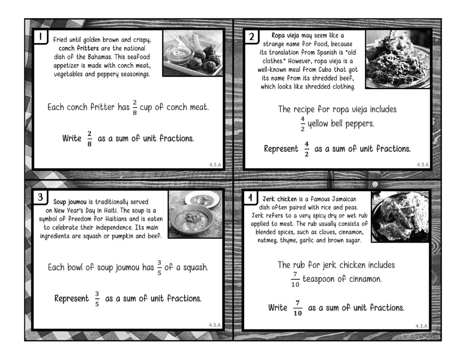Black-and-white recipe cards 1–4 ask students to express 2/8, 4/2, 3/5, and 7/10 as unit fraction sums