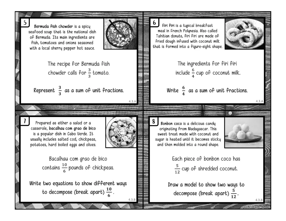 Black-and-white recipe cards 5–8 use 3/3 and 6/4 for unit fraction sums and 10/6 and 5/12 for decomposition