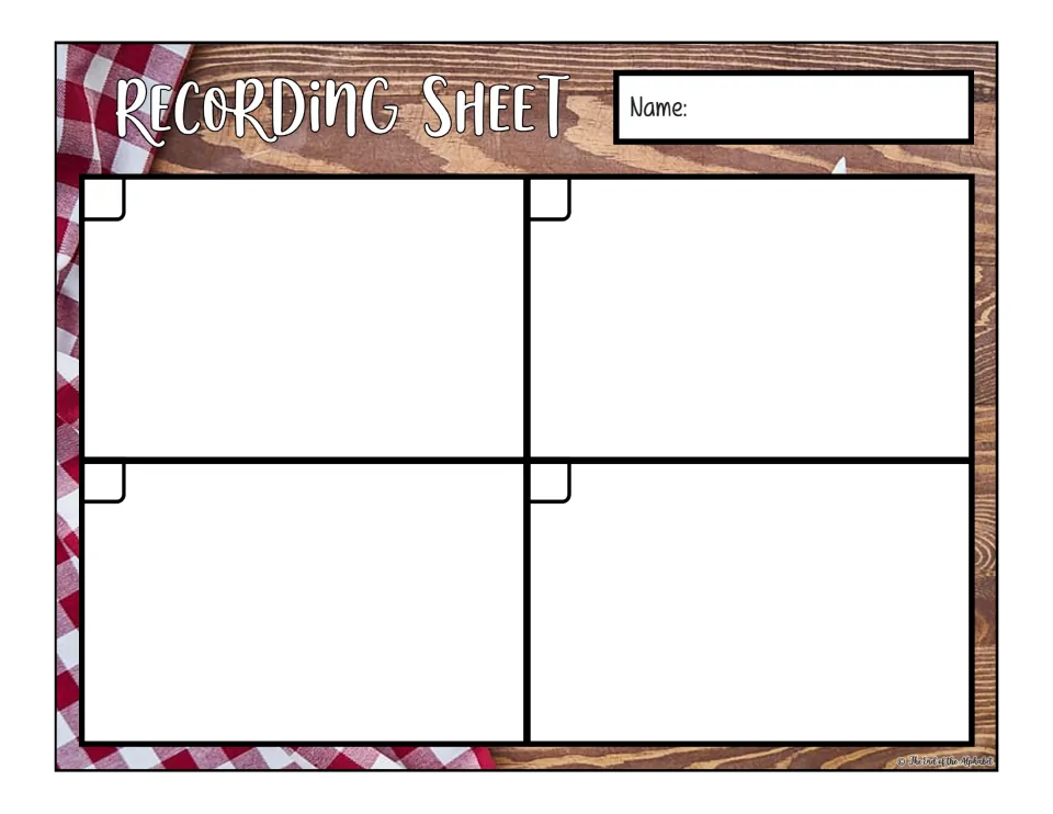 Student recording sheet provides space for a name and four numbered responses to the recipe fraction cards