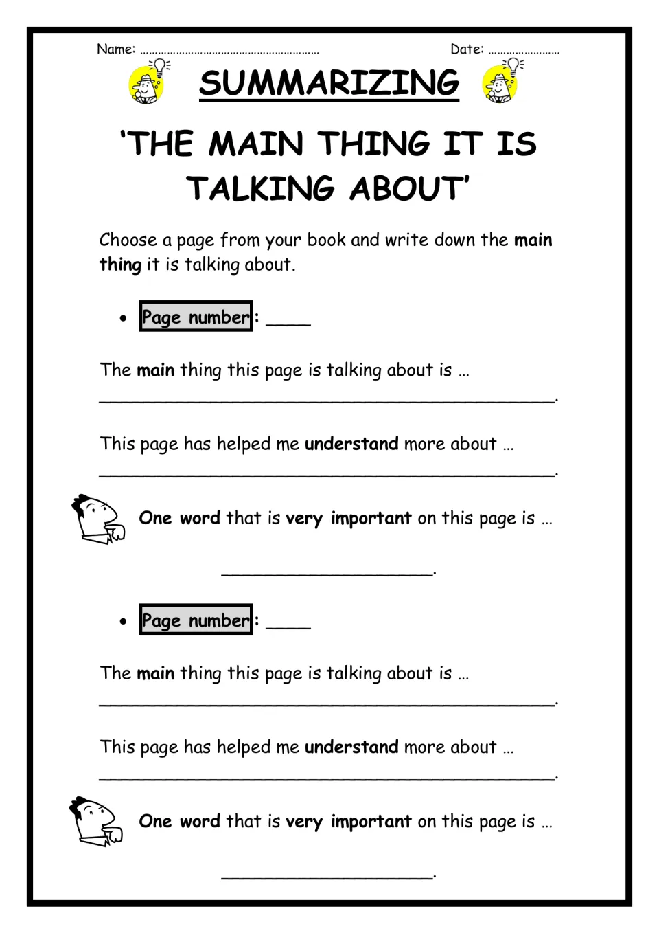 Main idea: students choose two pages from their book and note each page's main thing, what it taught them and one key word