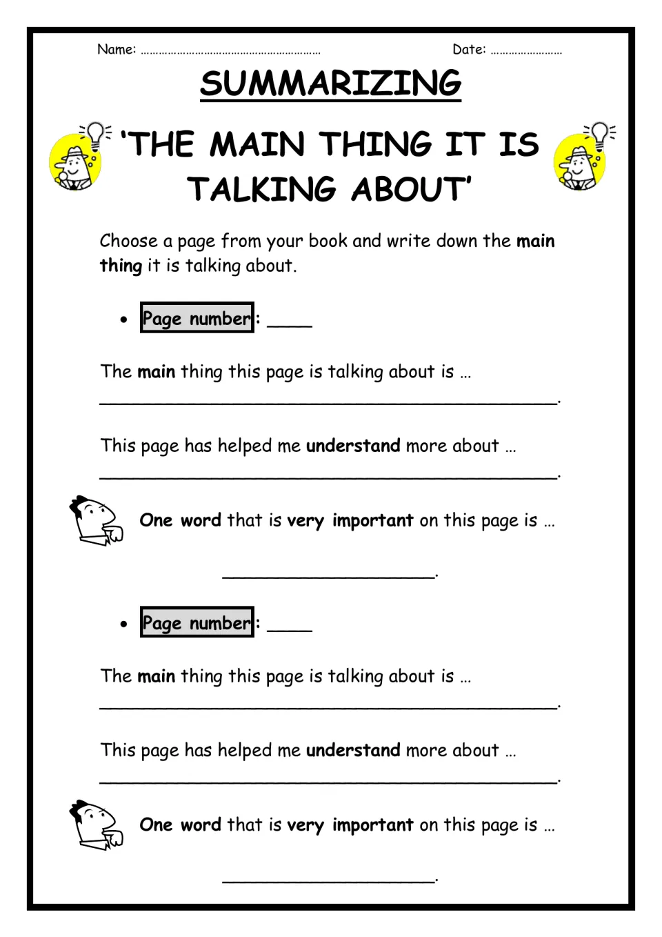 Main idea, second sheet: students log a page number, the main thing it is talking about and one very important word