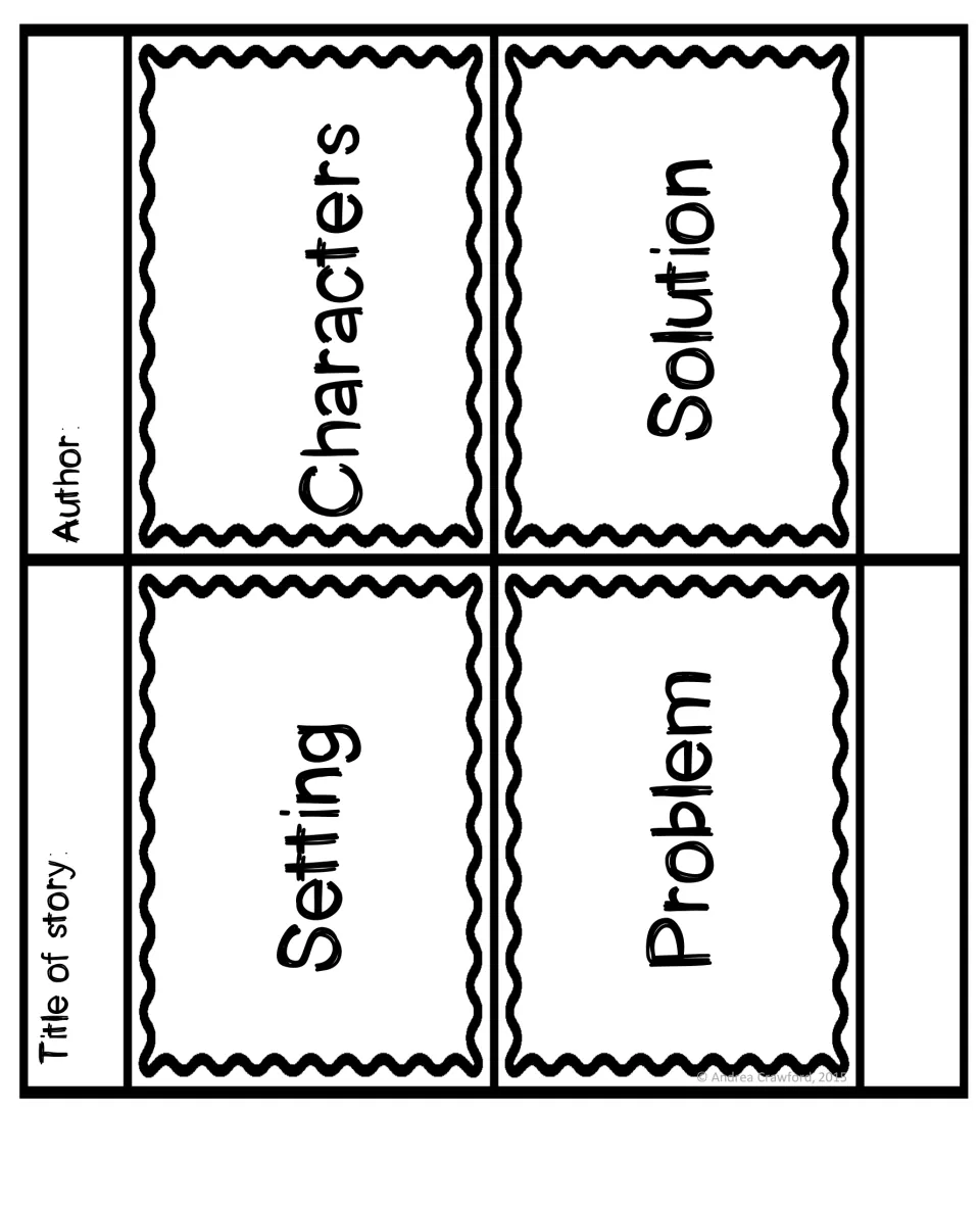 Story elements foldable: students record a story's setting, characters, problem and solution under four labeled flaps