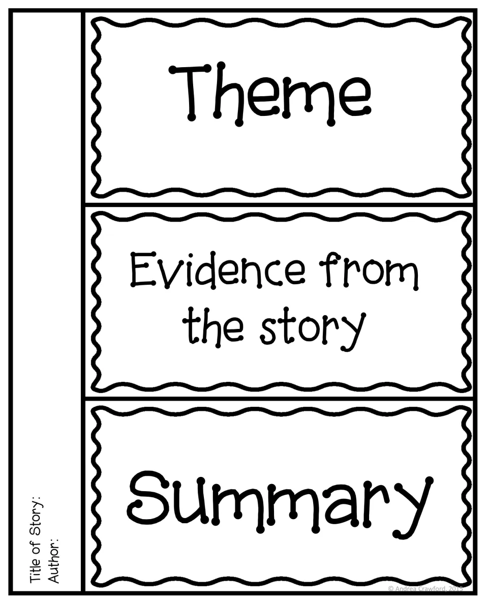 Theme foldable: students state a story's theme, give evidence from the story to support it, and write a short summary