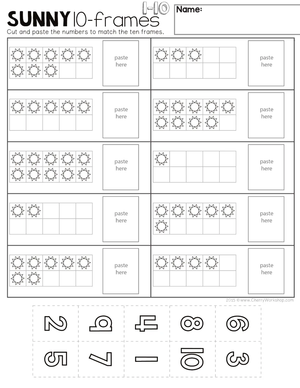 Sunny 10-frames 1-10: students count suns in 10 ten frames, then cut out numbers 1 to 10 and paste each by its match