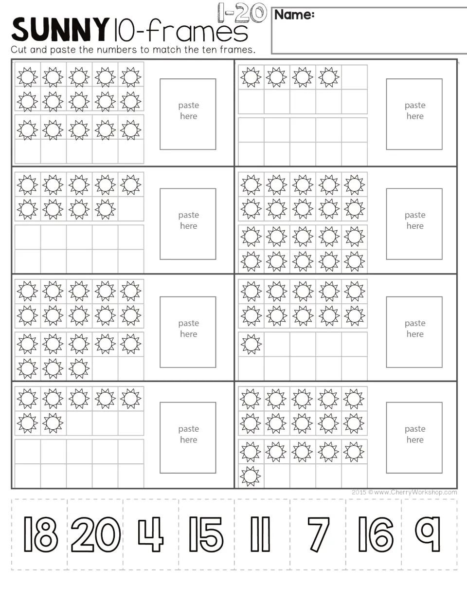 Sunny 10-frames 1-20: students count suns in one or two ten frames, then cut and paste matching numbers from 4 to 20