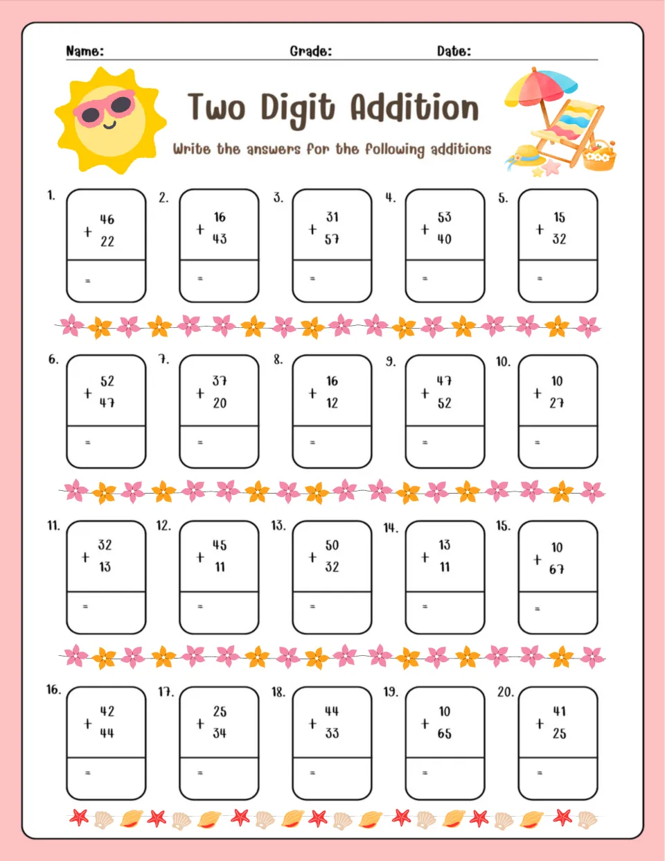 Two Digit Addition, problems 1-20: students add vertical two-digit pairs such as 46 + 22 and 53 + 40, no regrouping