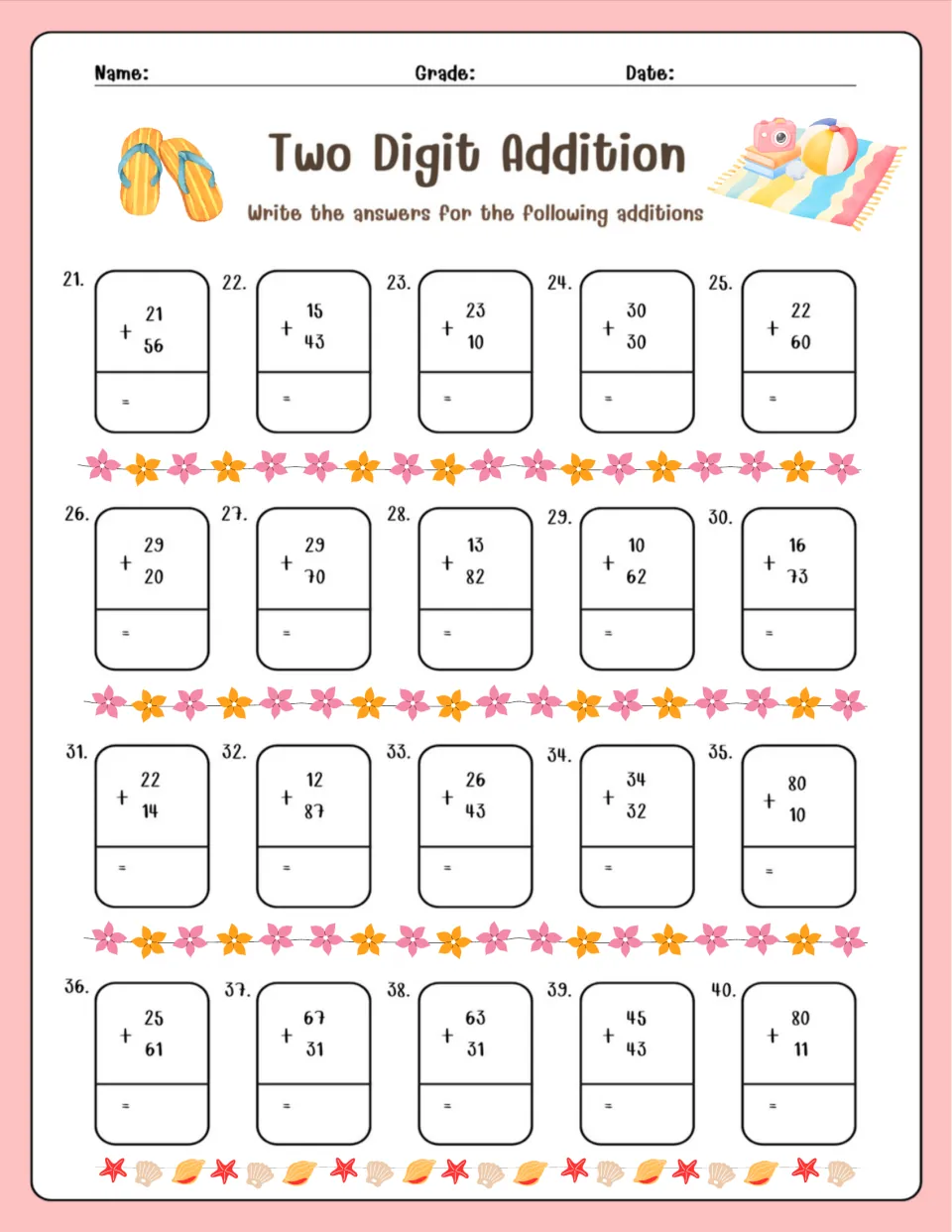 Two Digit Addition, problems 21-40: students find sums of vertical pairs such as 21 + 56 and 80 + 11 without regrouping