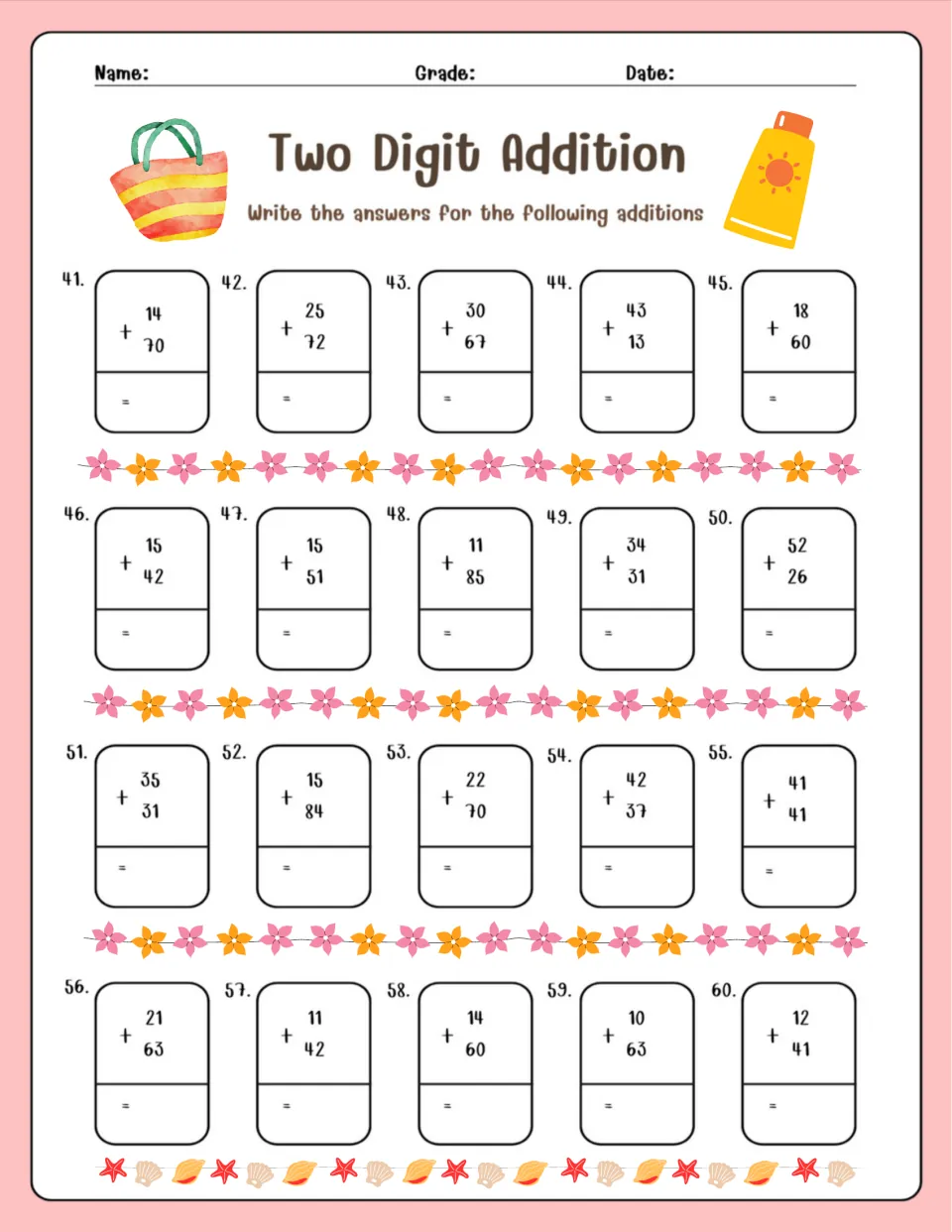 Two Digit Addition, problems 41-60: students add pairs such as 14 + 70 and 41 + 41, writing each sum below the line