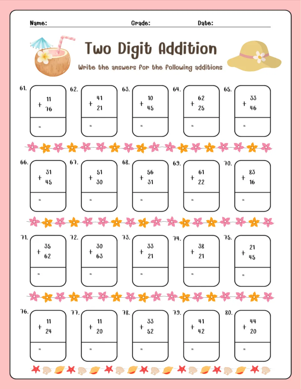 Two Digit Addition, problems 61-80: students add two-digit numbers such as 11 + 76 and 83 + 16 with no carrying