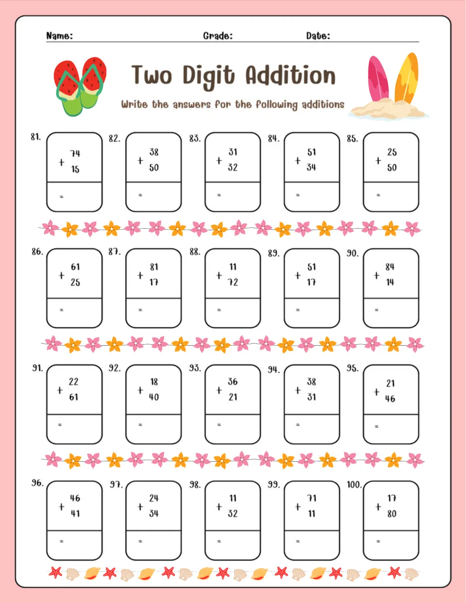 Two Digit Addition, problems 81-100: students solve vertical sums such as 74 + 15 and 17 + 80, adding ones then tens