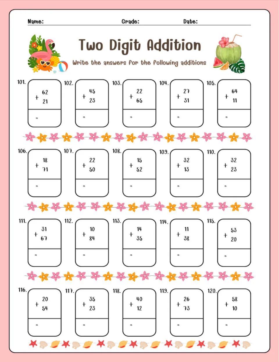 Two Digit Addition, problems 101-120: students add pairs such as 62 + 21 and 58 + 10 to practise sums up to 99
