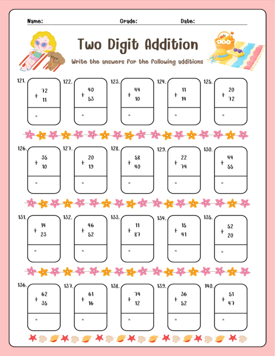 Two Digit Addition, problems 121-140: students add vertical pairs such as 72 + 11 and 51 + 47, each with no regrouping