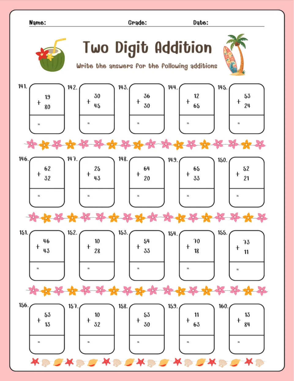 Two Digit Addition, problems 141-160: students total two-digit pairs such as 19 + 80 and 13 + 84 on a summer-themed sheet