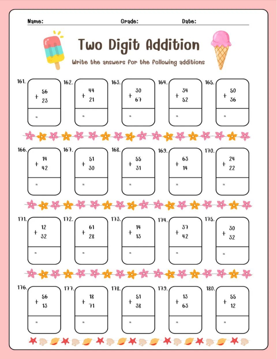 Two Digit Addition, problems 161-180: students add numbers such as 56 + 23 and 55 + 12, beside popsicle and ice cream art