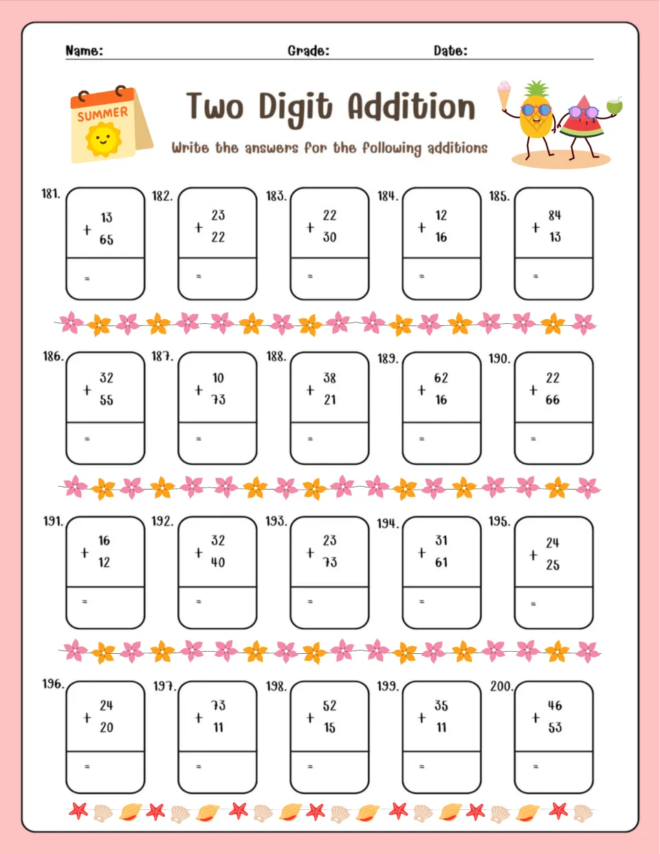 Two Digit Addition, problems 181-200: students add pairs such as 13 + 65 and 46 + 53 to finish the 200-problem set