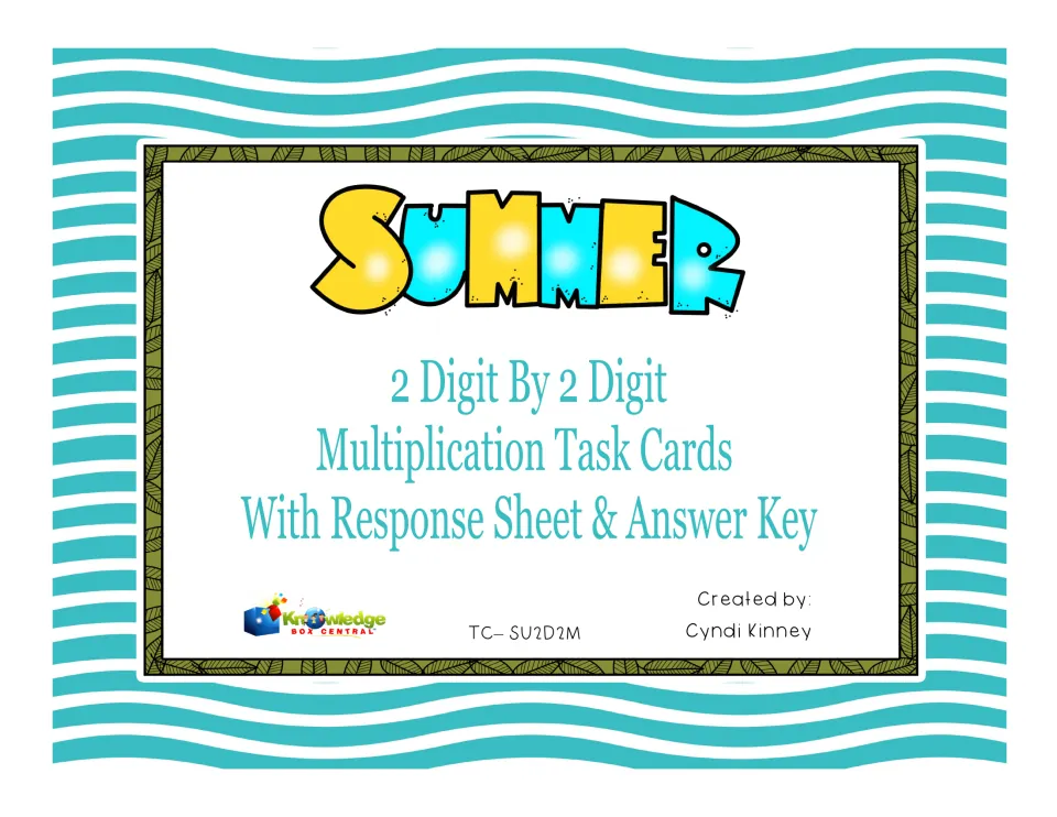 Summer cover for 2-digit by 2-digit multiplication task cards with a response sheet and answer key, by Cyndi Kinney
