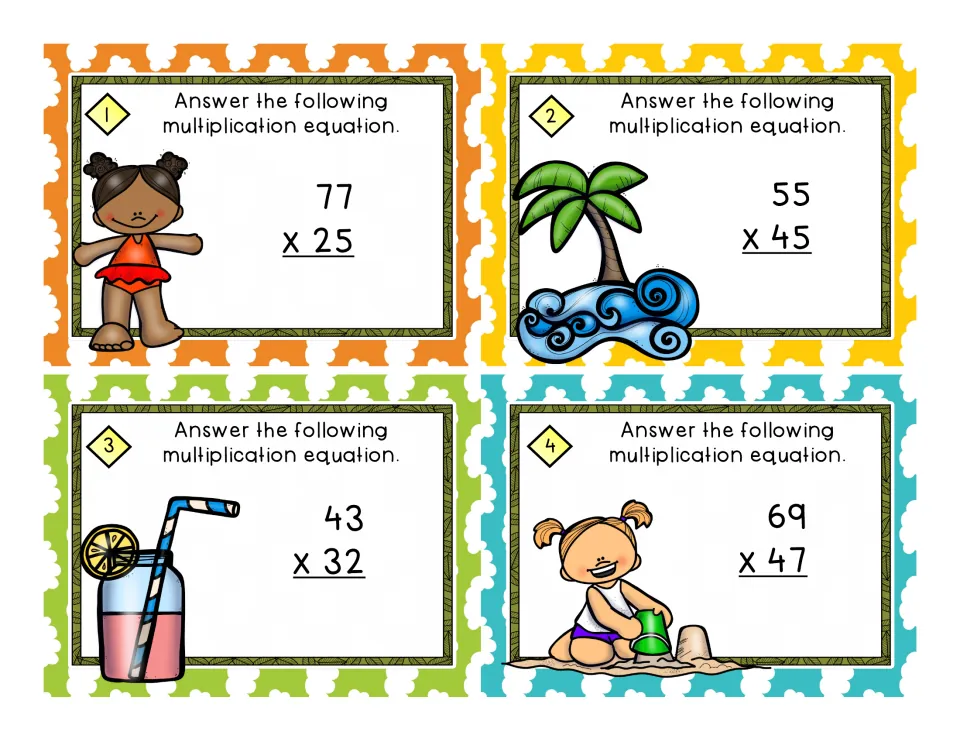 Cards 1-4: students multiply two-digit numbers, solving 77 x 25, 55 x 45, 43 x 32 and 69 x 47 beside summer clip art