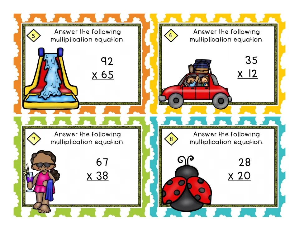 Cards 5-8: students multiply 92 x 65, 35 x 12, 67 x 38 and 28 x 20, with water slide, road trip and ladybug art