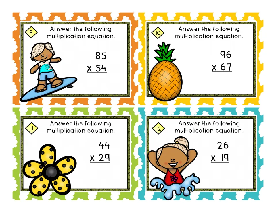 Cards 9-12: students solve 85 x 54, 96 x 67, 44 x 29 and 26 x 19, shown with surfer, pineapple and flower art
