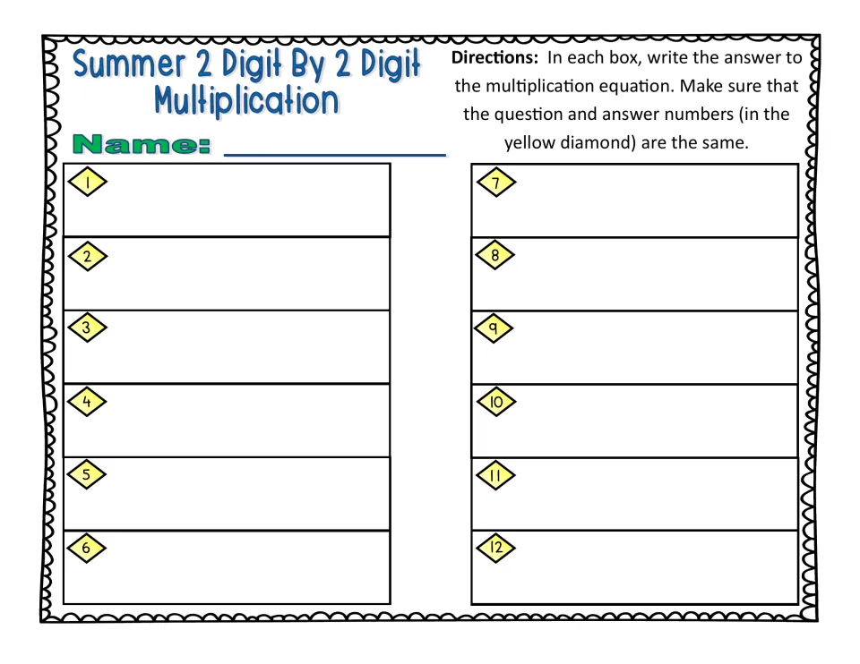Summer multiplication response sheet: students write their name and record the product for each of cards 1 to 12
