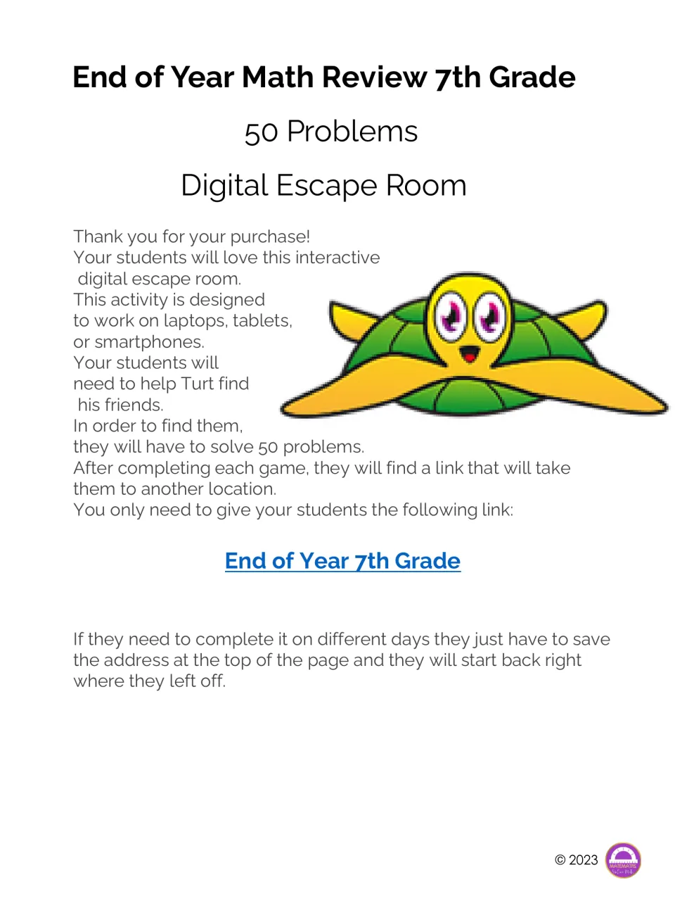 Instructions for the 50-problem seventh-grade math digital escape room, with an access link and tips for resuming.