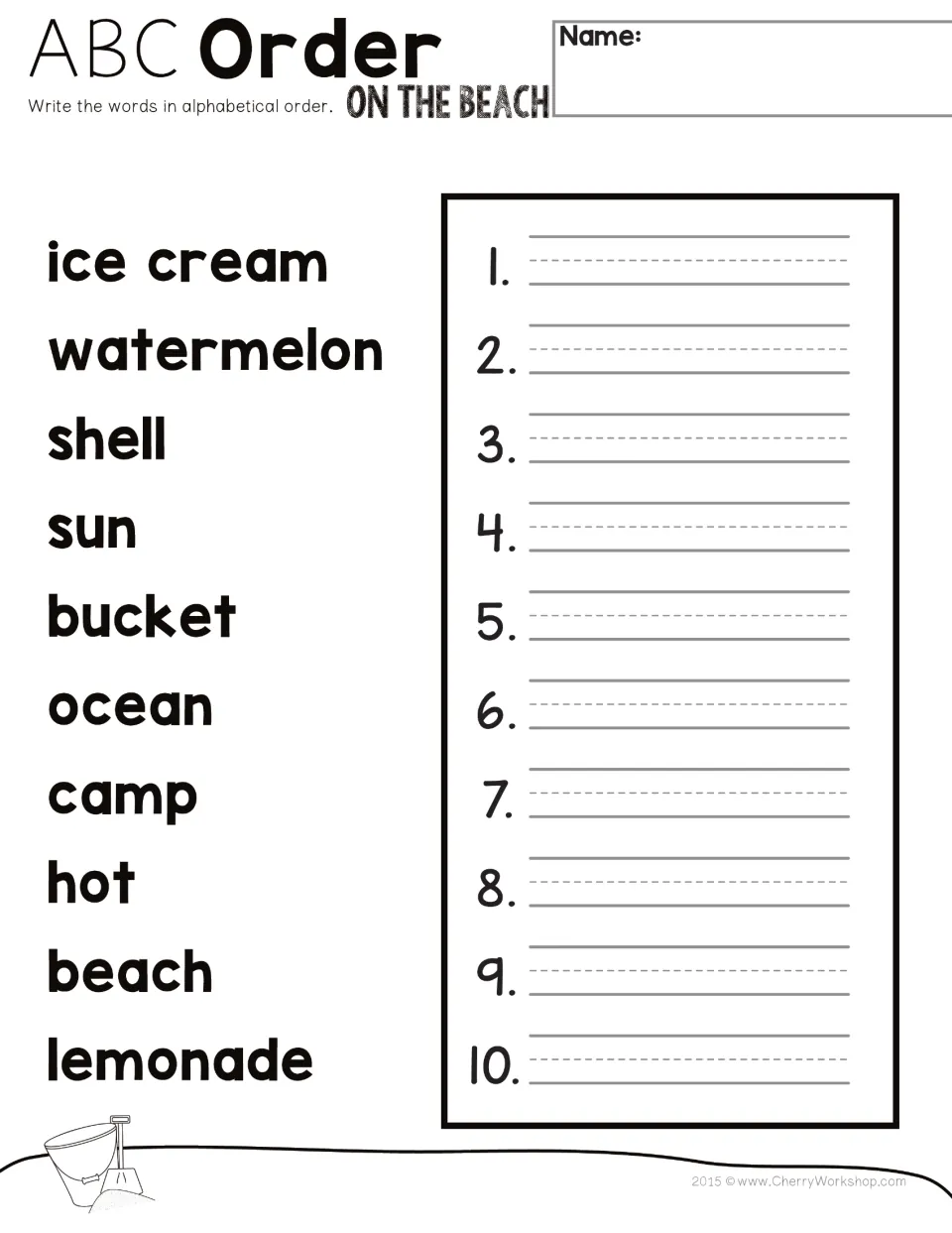 On the Beach alphabetical order: students write 10 summer words like sun, shell, bucket and lemonade in ABC order