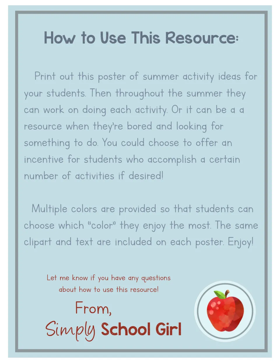 Instructions for printing the summer activity poster, choosing a color, and rewarding completed activities