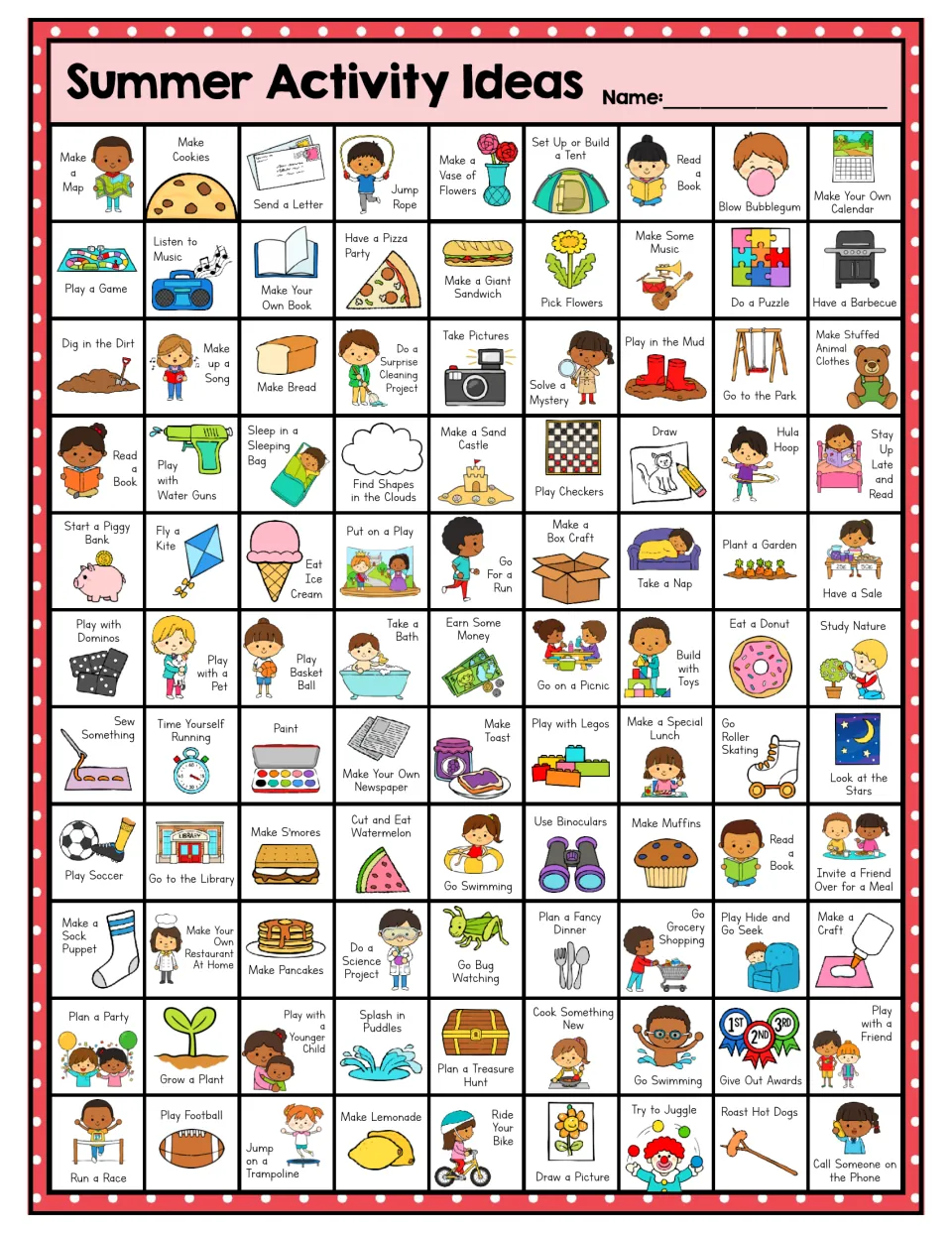 Pink version of the summer activity chart: make a map, make cookies, send a letter, and 96 more entries
