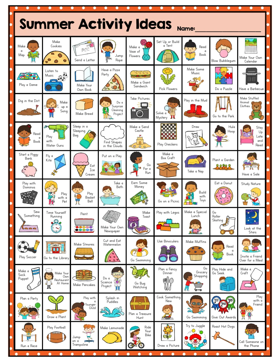 Orange version of the summer activity chart: jump rope, read a book, blow bubblegum, and 96 more entries