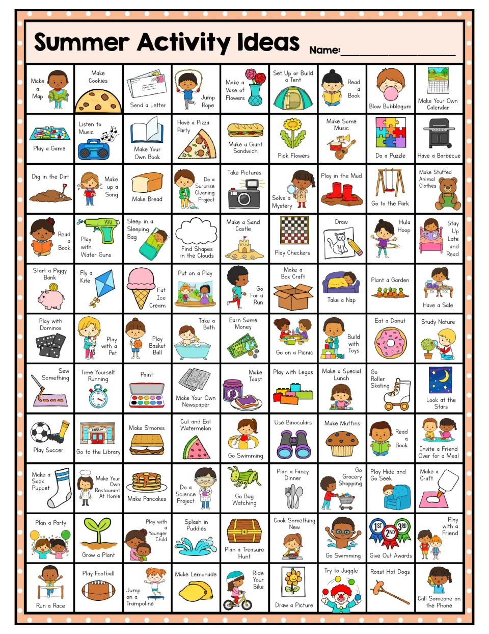 Peach version of the summer activity chart: play a game, listen to music, do a puzzle, and 96 more entries