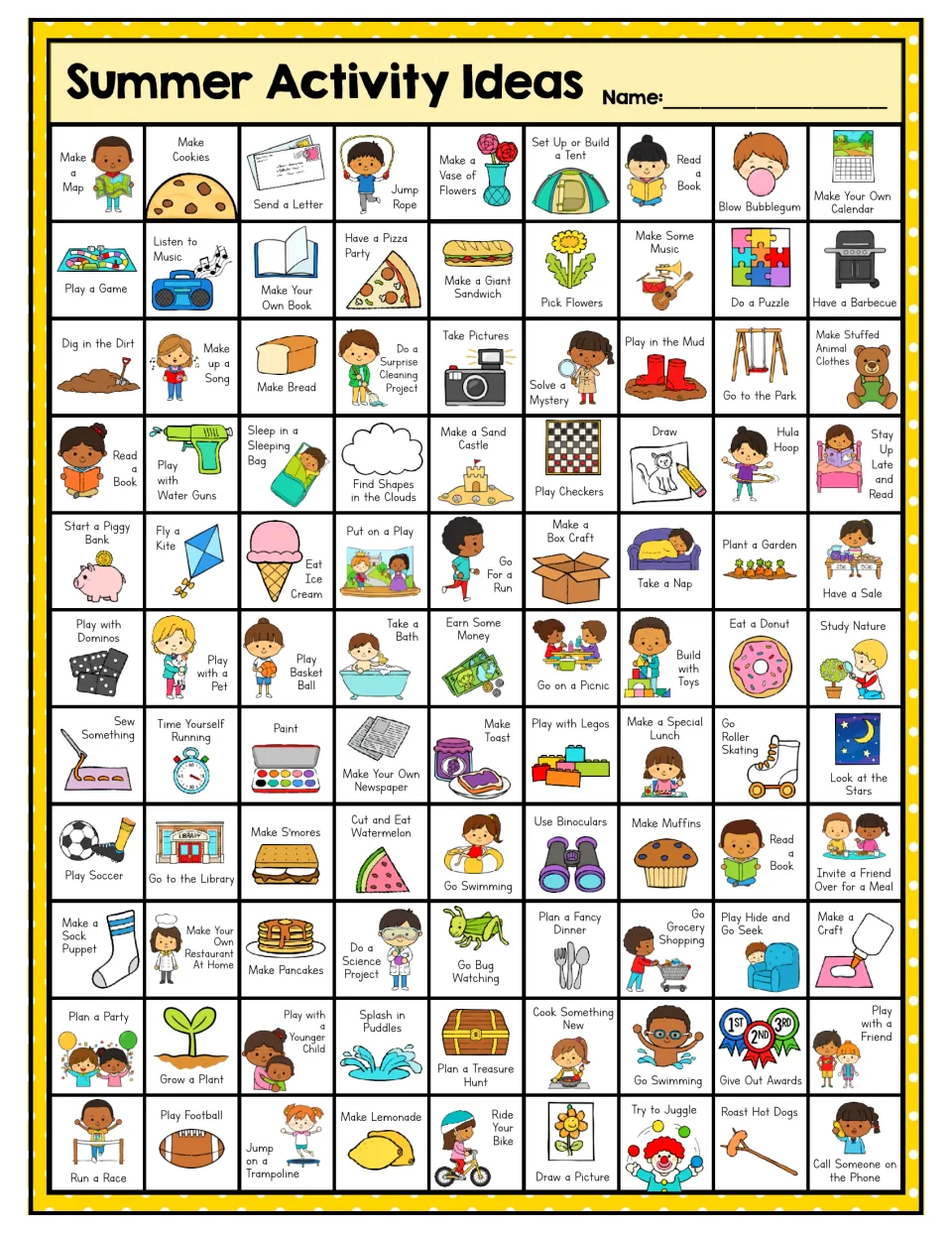Yellow version of the summer activity chart: fly a kite, plant a garden, make lemonade, and 96 more entries