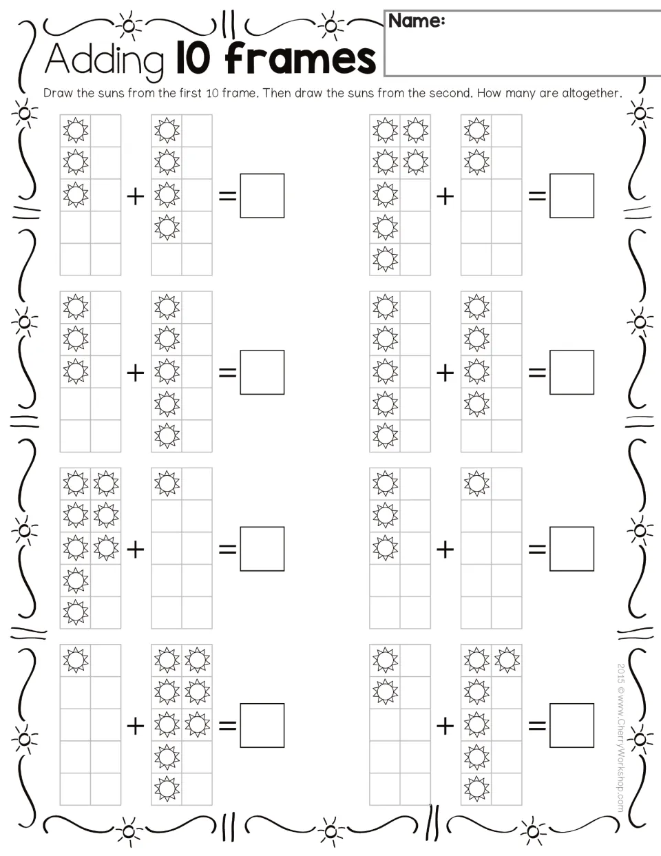 Addition practice page 1: eight sun-counting problems, including 3 + 4, 7 + 2, 3 + 5, and 5 + 4.
